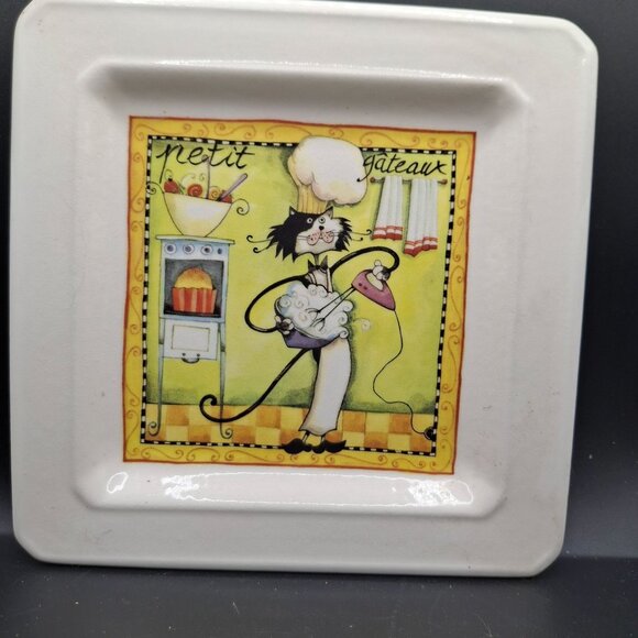 Cat Chef Square Ceramic Plate 7.75"x7.75" Made In Italy With Cartoon Design - Picture 1 of 6